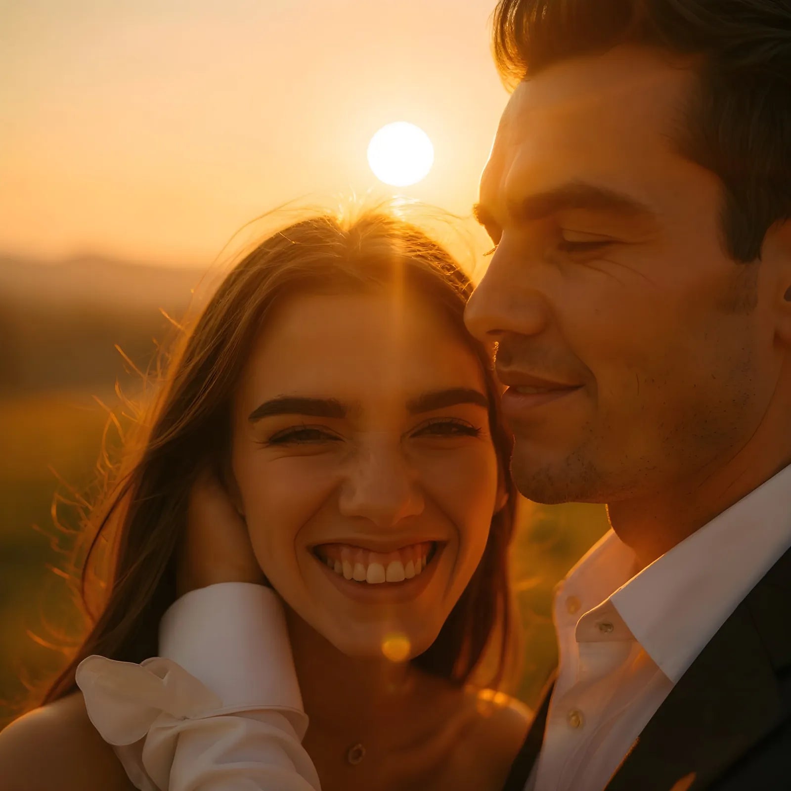 A laughing couple in warm golden-hour light