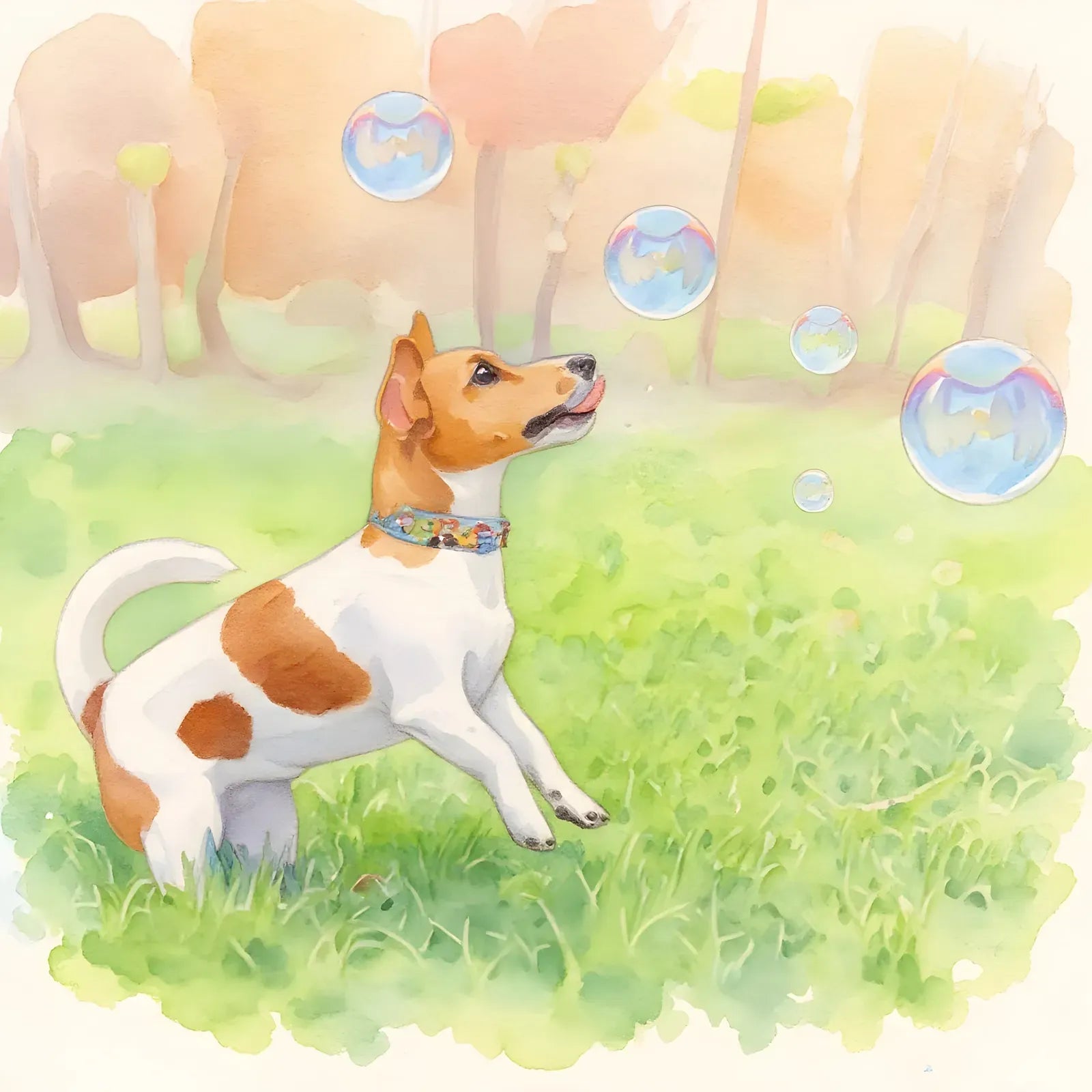 A terrier chasing bubbles in watercolour