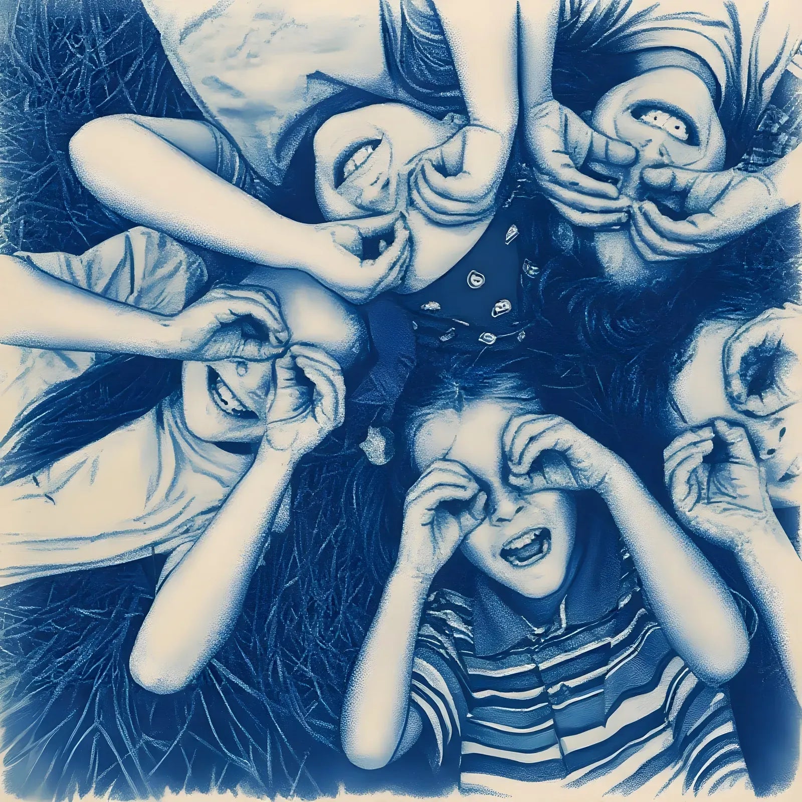Children in the grass as a Prussian-blue cyanotype
