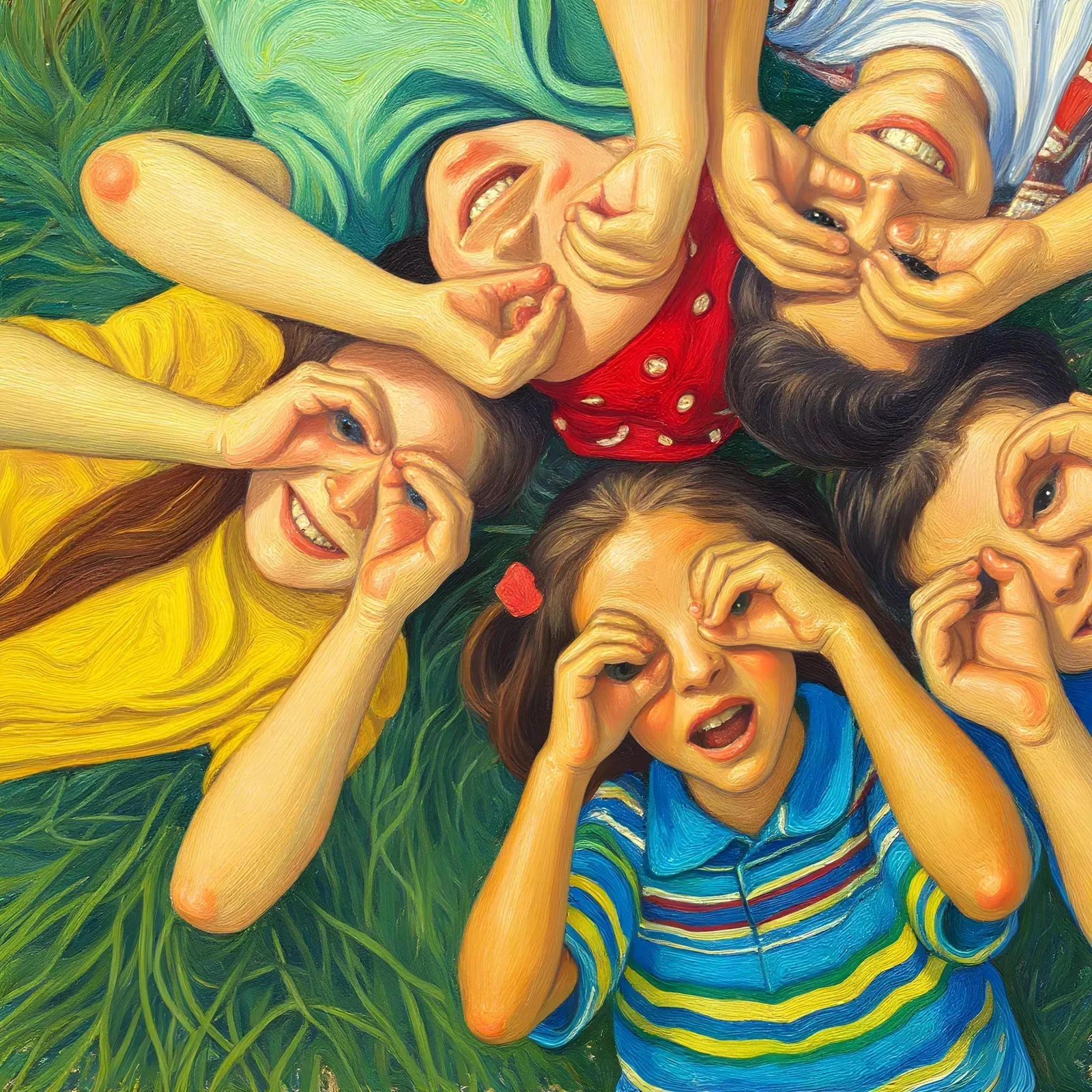 Children in the grass in broken-colour brushwork