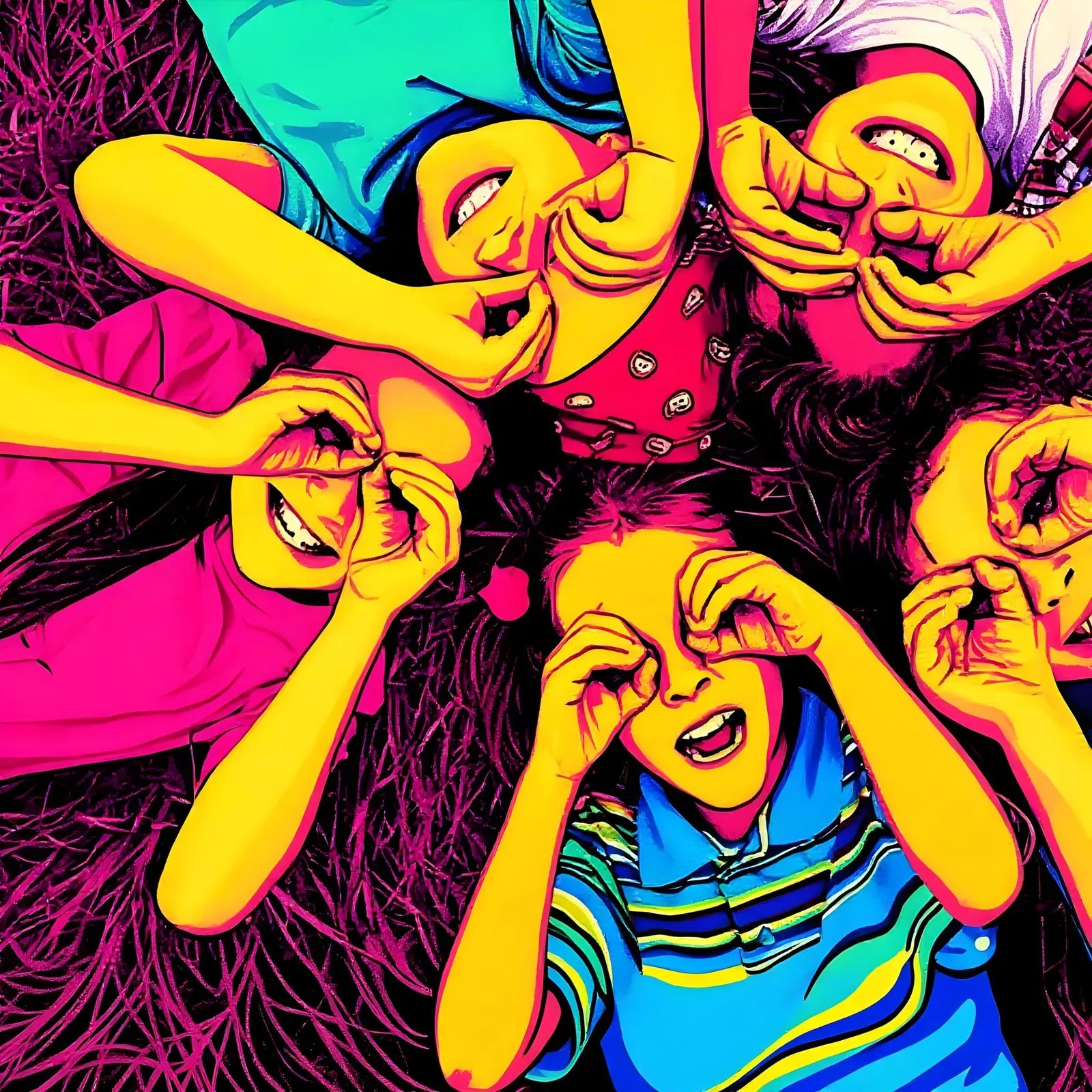 Children lying in the grass in bold pop art