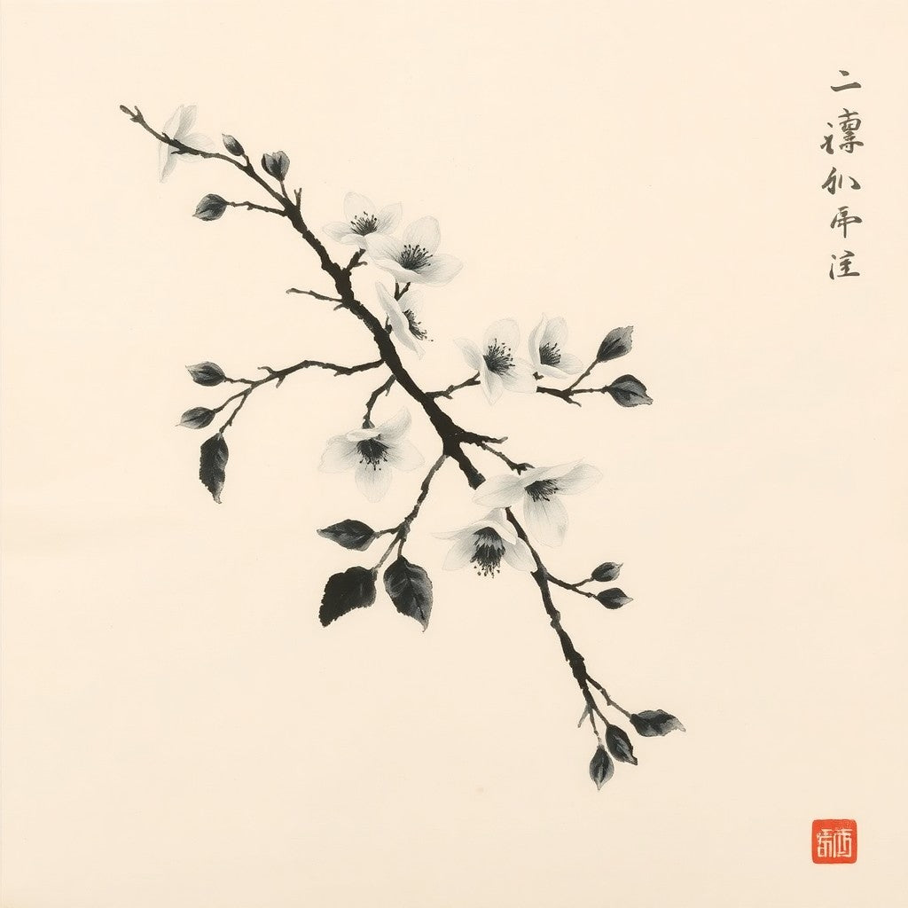 Sumi-e ink wash of cherry blossoms